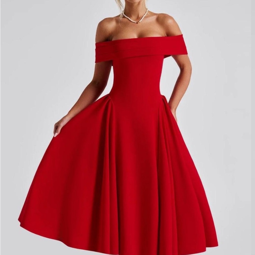 Elegant Off-Shoulder Red Midi Dress